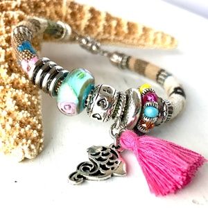Handmade Ethnic Cotton Cord Tassel & Fish Charm Bracelet with Magnetic Clasp